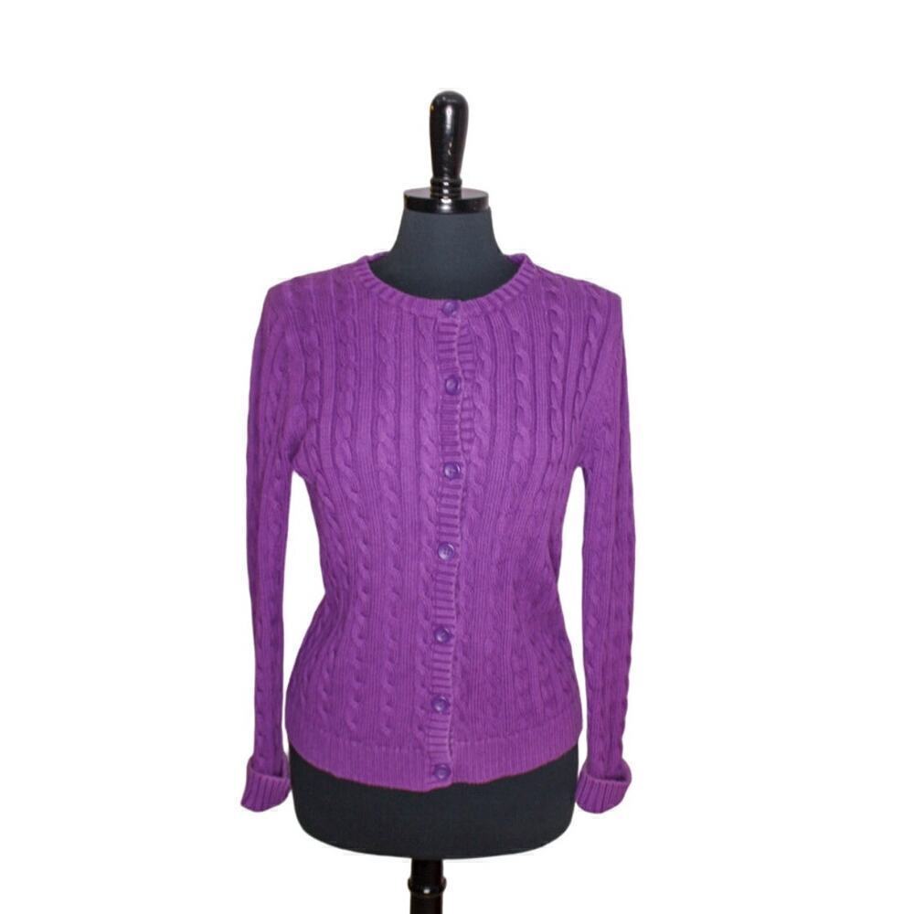 L.L. Bean Cable Knit Cardigan Sweater Purple 100% Cotton Size M